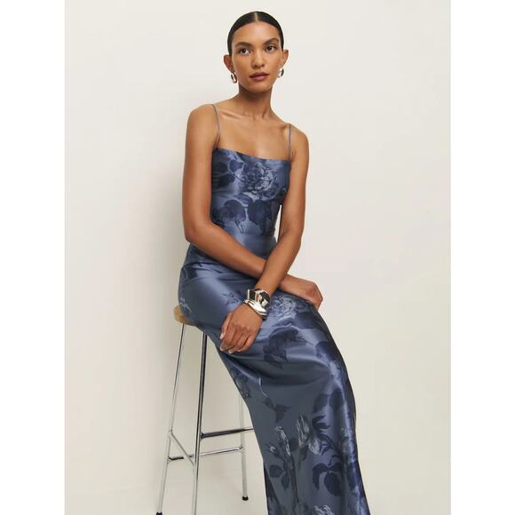 Reformation Frankie Silk Dress Trieste Border - Picture 2 of 12